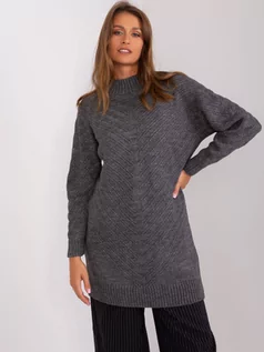 Swetry damskie - Sweter oversize ciemny szary casual dekolt półgolf rękaw długi długość długa - grafika 1