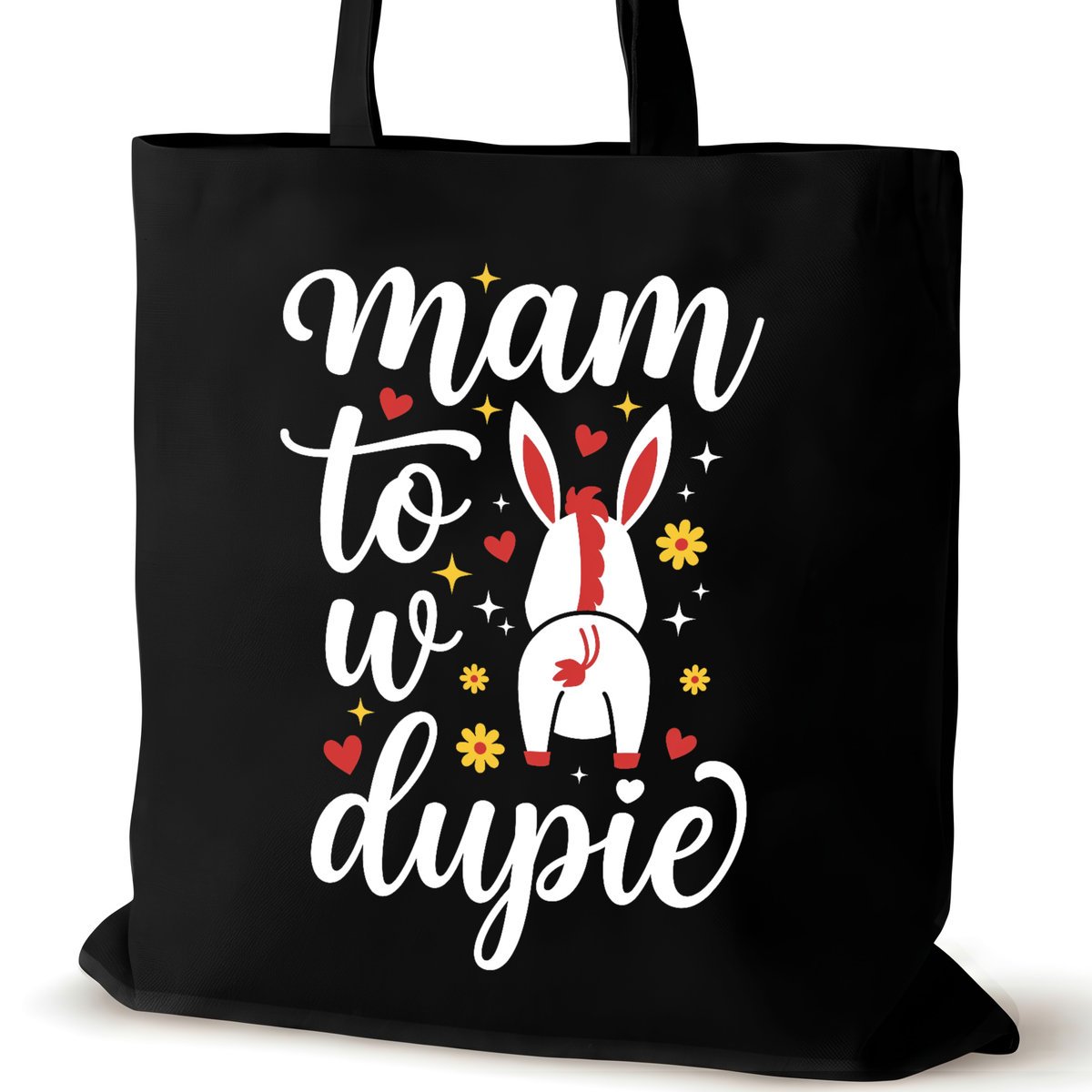 Czarna torba bawełniana dla VIRAL na ramię zakupowa napisem prezent