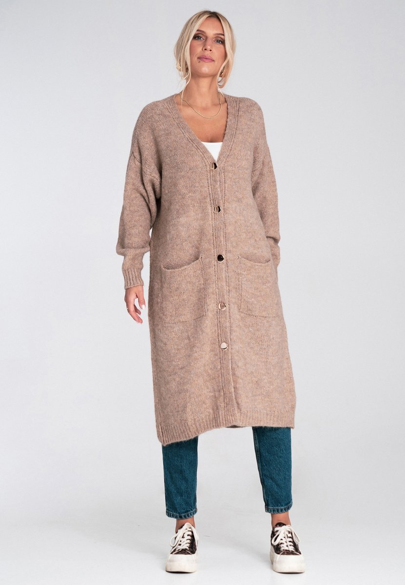 Długi damski kardigan na guziki z dekoltem V i kieszeniami za kolano Figl oversize casual - M1237, brązowy, XL