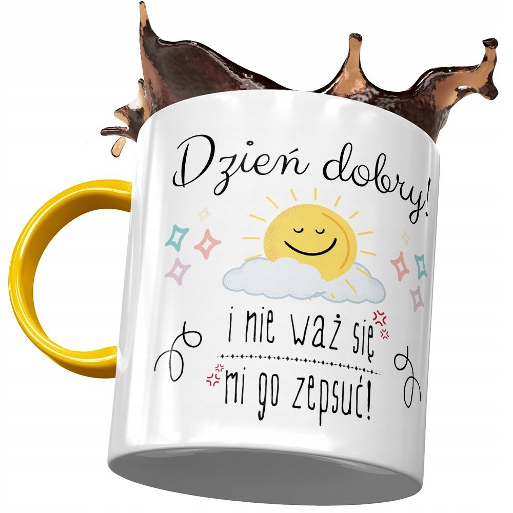 Kubek Żółty Śmieszny Zabawny Dzień Dobry Prezent z Nadrukiem ze Zdjęciem + Opakowanie na prezent (wzór 02)