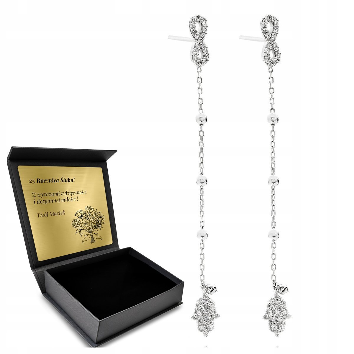 Kolczyki Srebrne Hamsa Ręka Fatimy Z Cyrkoniami Orientalne Długie + Grawer