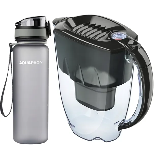 Dzbanek Aquaphor Amethyst 2,8 l z licznikiem czarny + butelka City szara