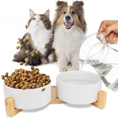 Pozostałe akcesoria dla psów - Miska ceramiczna podwójna drewniana GERDA biała 2x400ml - miniaturka - grafika 1