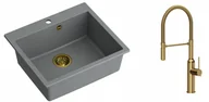 Zlewozmywaki z baterią - Quadron Zlewozmywak granitowy jednokomorowy 57*50*22 cm MORGAN 110 SILVER STONE ze złotym odpływem z baterią MARILYN Q LINE z wyciąganą wylewką kolor złoty - miniaturka - grafika 1