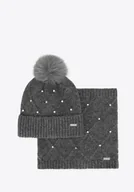 Czapki damskie - Komplet damski zimowy – czapka i komin w kryształki szary - miniaturka - grafika 1