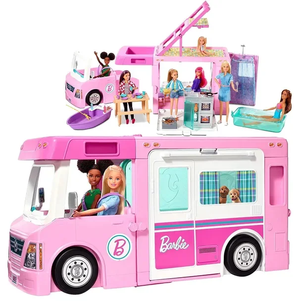 Barbie Ogromny Kamper 3w1 Mattel + 50 Akcesoriów Basen, Łódka, Auto+ LALKA