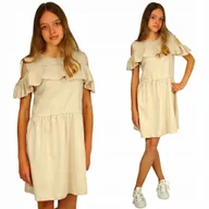 Sukienki - Sukienka Z FALBANKĄ Hiszpanka LETNIA Beż Latte 140 - miniaturka - grafika 1