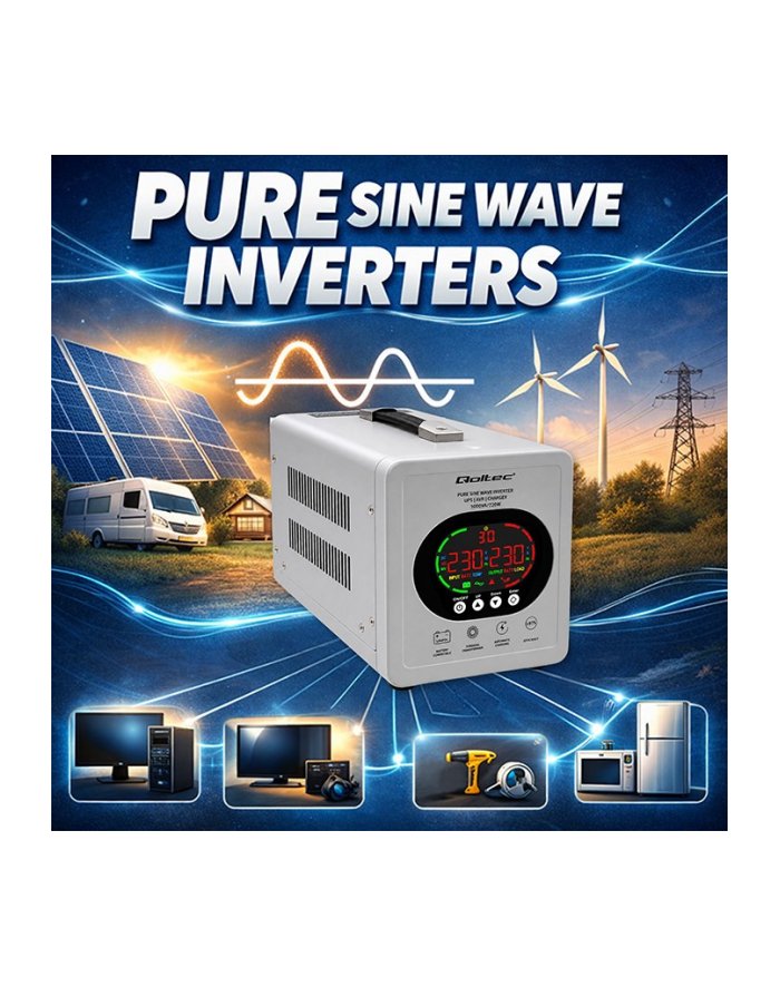 qoltec Zasilacz awaryjny UPS Pure Sine Wave 1000VA/720W Przetwornica12/230V z AVR LCD LiFePO4 AGM GEL 50451