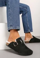 Kapcie damskie - Czarne Płaskie Kapcie z Futerkiem Paskiem i Klamrą Lorninnia - miniaturka - grafika 1