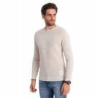 Swetry męskie - Sweter męski z teksturą i półokrągłym dekoltem beżowy V6 OM-SWSW-0104 XXL - miniaturka - grafika 1