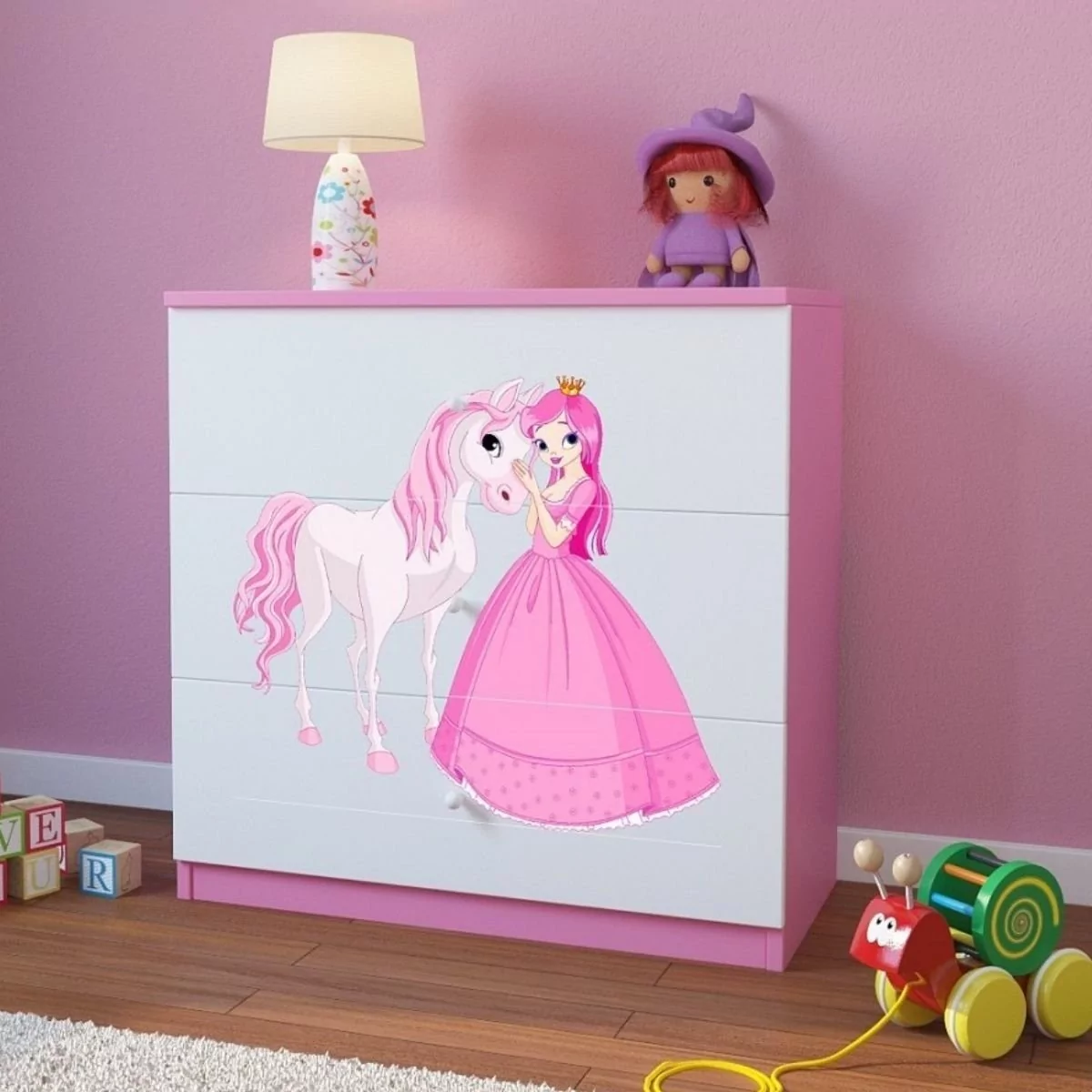 KocotKids Komoda do pokoju dziecięcego, babydreams, księżniczka i konik, 81 cm, różowa