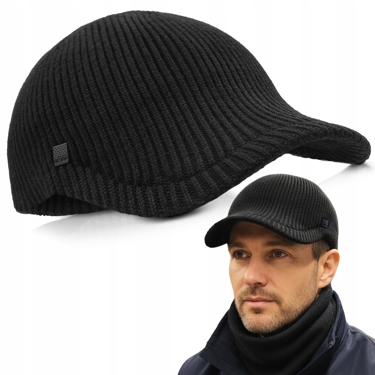 Kaszkiet DZIANINOWY Zimowy Czapka z Daszkiem Elastyczny CZARNY Pako Jeans