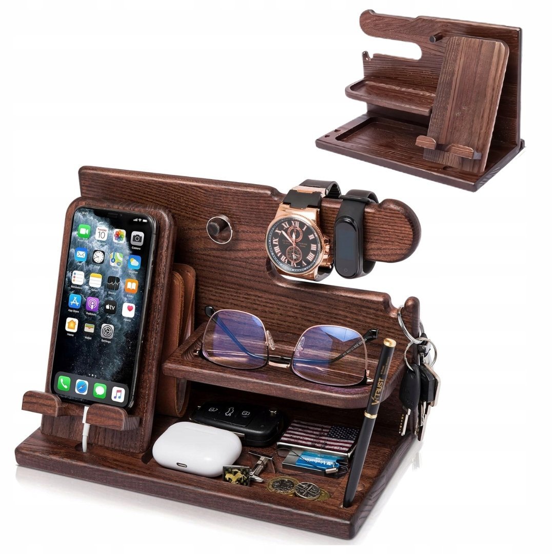 Drewniana stacja dokująca na telefon, stojak na portfel i zegarki Organizer