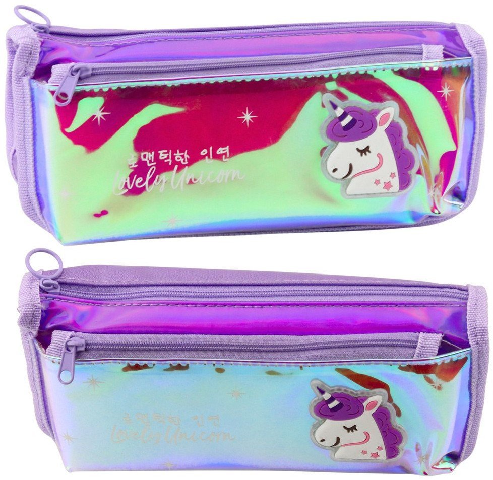 Piórnik Przybornik Szkolny Z Jednorożcem Holograficzny Fioletowy 21,5x9 cm EDUKAMP