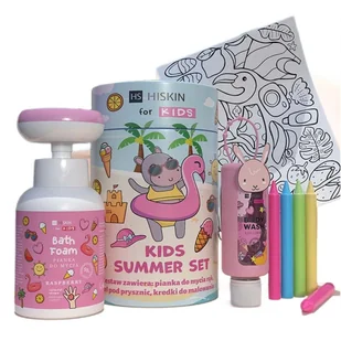 HiSkin Kids Summer Pink zestaw płyn do kąpieli 75ml + pianka do mycia 300ml + kredki 5szt + kolorowanka - Kosmetyki kąpielowe dla dzieci - miniaturka - grafika 1