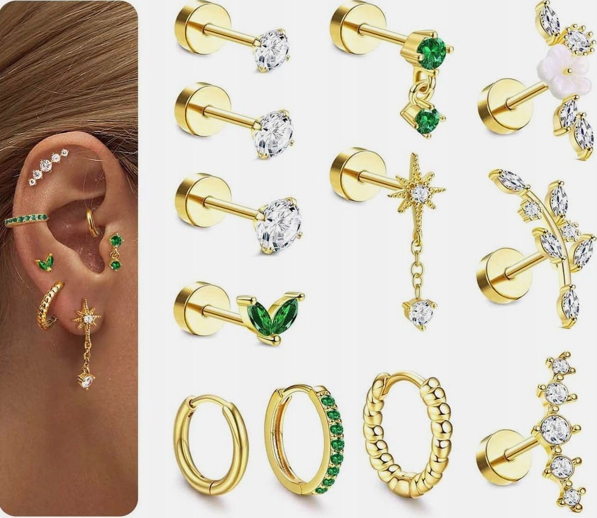 KOLCZYKI 12 SZTUK HELIX TRAGUS PŁASKIE SZTYFTY KWIAT KÓŁKO STAL