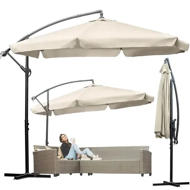 Parasol Ogrodowy Z Wysięgnikiem Składany Regulacja Wysokości Beżowy 350cm