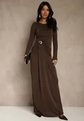 Sukienki - Brązowa Marszczona Sukienka Longsleeve Zdobiona Aplikacją w Talii Siweda - Renee - miniaturka - grafika 1