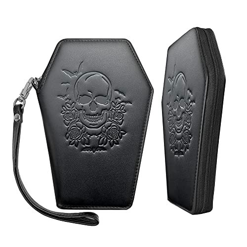 Lazy Skull Zip Around Coffin Wallet - Cute Witchy Wallet for Women with Skull and Bat Design- Goth Accessory Wallet - Horror Coffin Purse- Spooky Halloween Gothic Wallet with Wristlet Strap