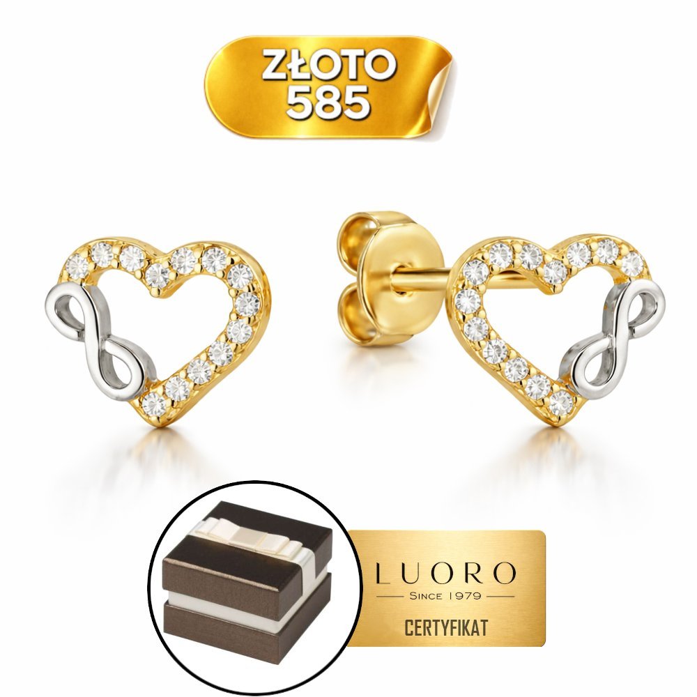 KOLCZYKI ZŁOTE 585 14K SERCE NIESKOŃCZONOŚĆ CYRKONIE SZTYFT 0,9 CM