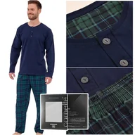 Piżamy damskie - Cornette Piżama Męska Długi Rękaw Zielona Kratka Granatowy Bawełniana Rozmiar M - miniaturka - grafika 1