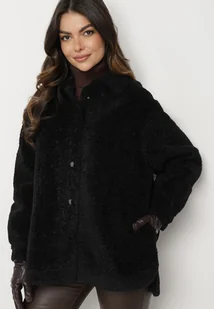 Czarna Kurtka o Koszulowym Kroju z Futerkowym Wykończeniem Venelita - Płaszcze damskie - miniaturka - grafika 1