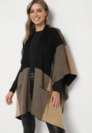 Swetry damskie - Czarno-Brązowe Ponczo Narzutka z Kieszeniami i Dodatkiem Wełny Verethea - miniaturka - grafika 1
