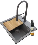 Zlewozmywaki z baterią - Foxal Szary Zlew Granitowy + Bateria Wysoka Czarna - miniaturka - grafika 1