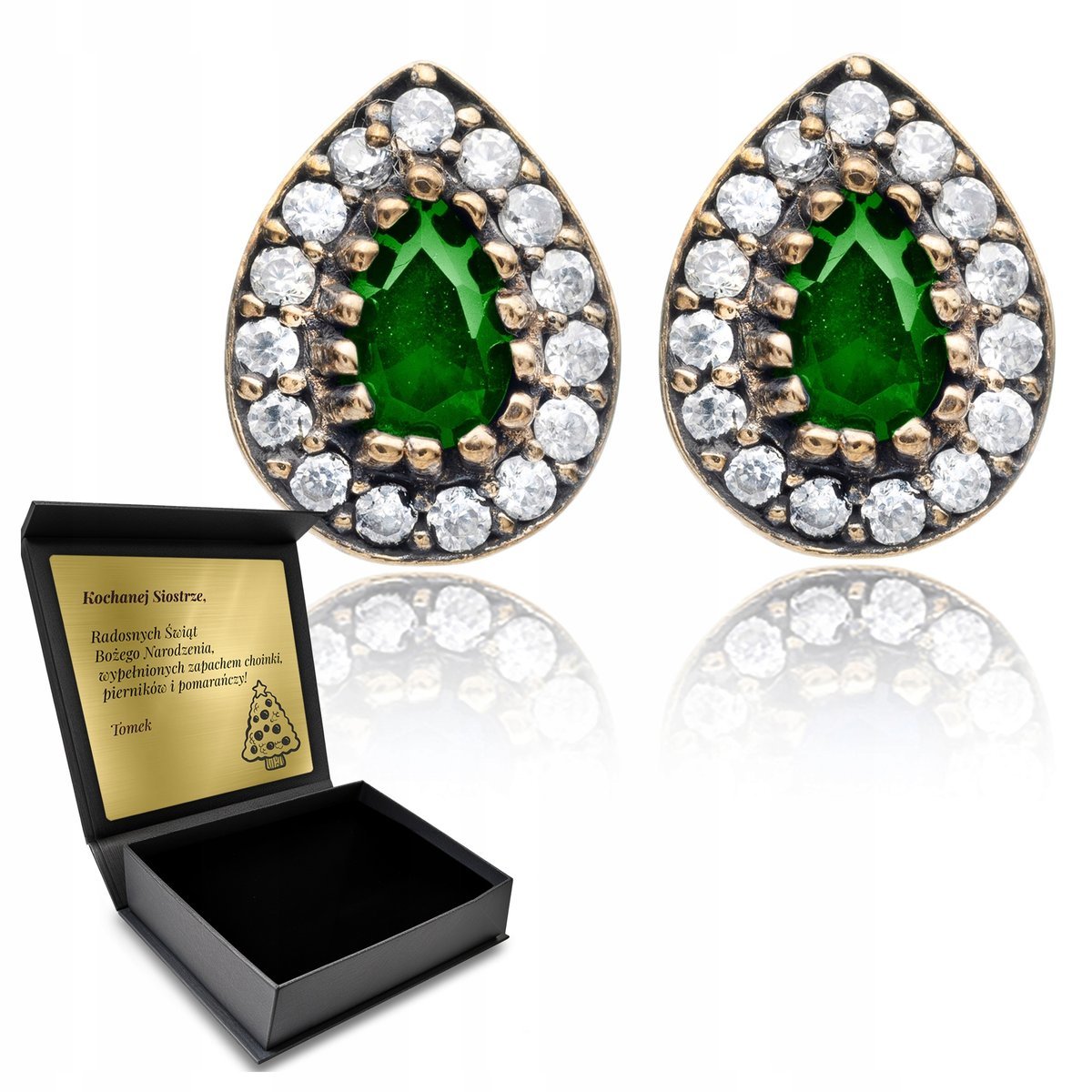 Kolczyki Srebrne Zdobione Szmaragdowa Turecka Łza Eleganckie Piękne Grawer