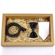 Paski - GRACIO Pasek skorzany Muszka Chlopieca na Komunie czarno-biała + Poszetka - miniaturka - grafika 1