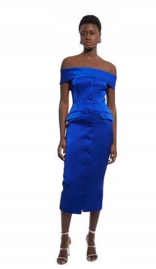 Karen Millen Petite Niebieska Sukienka Midi Odkryte Ramiona 40 B1c