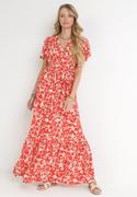Sukienki - Czerwona Sukienka Maxi z Gumką w Pasie w Kwiaty Aretocia - miniaturka - grafika 1
