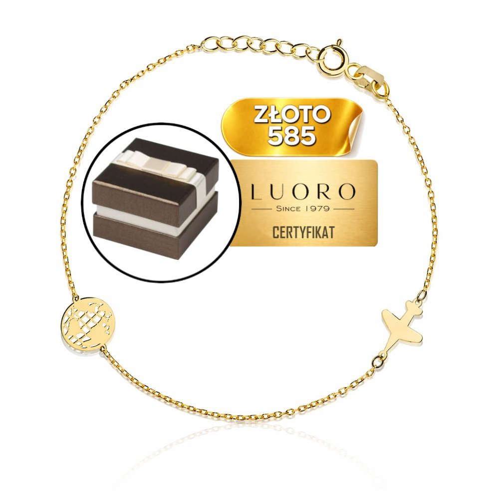 BRANSOLETKA ZŁOTA 585 14K CELEBRYTKA KULA ZIEMSKA SAMOLOT 17-19 CM REGULOWANA
