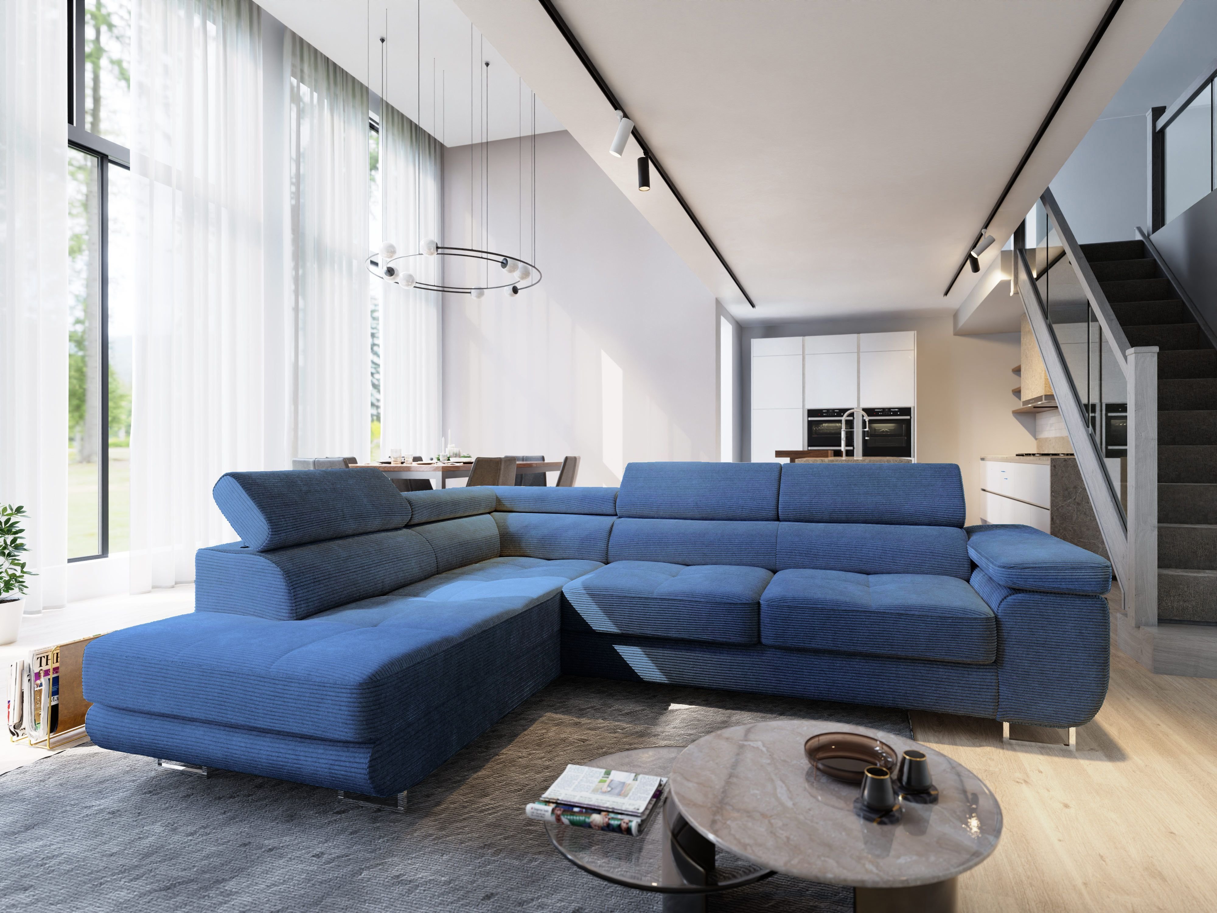 Masseno Narożnik APIRO L-S z funkcją spania i pojemnikiem na pościel Kształt L, Rozkładana sofa, Rogówka - Niebieski, POSO 05