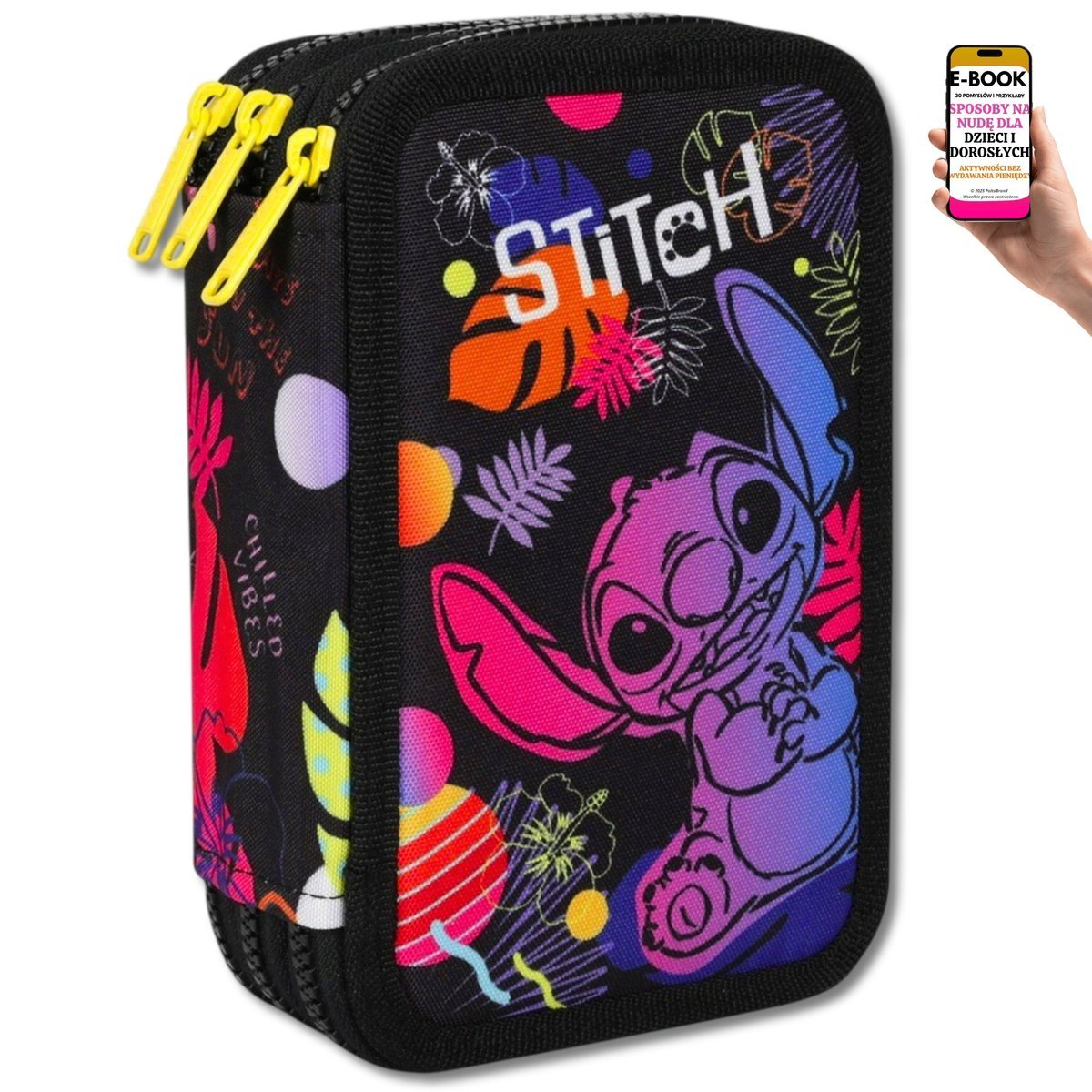 DUŻY PIÓRNIK 3 KOMORY STITCH Z WYPOSAŻENIEM – ZESTAW PRZYBORÓW SZKOLNYCH KREDKI FLAMASTRY + EBOOK-3