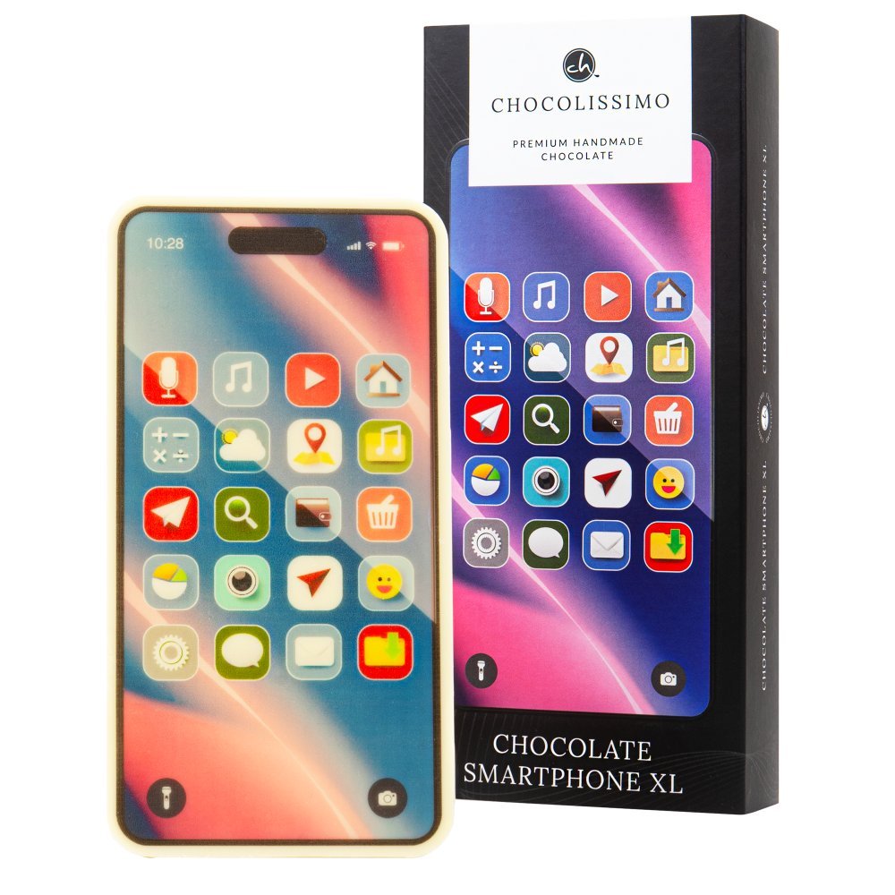 Smartphone z białej belgijskiej czekolady z jadalnym nadrukiem ekranu Idealny prezent dla miłośnika technologii 70 g