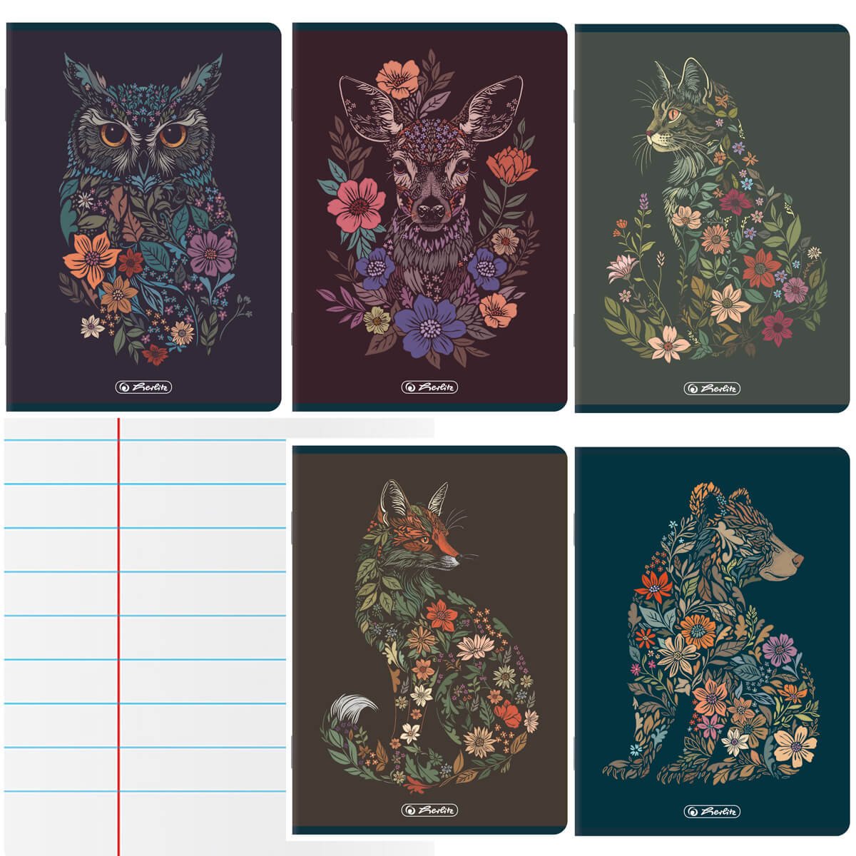 5 SZT. X ZESZYT A5, 60 KARTEK, LINIA Z MARGINESEM, FLORAL ANIMALS, HERLITZ