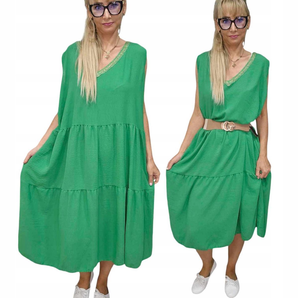 Elegancka Sukienka Midi Bez Rękawków Falbana Złoty Haft v 54 56 7xl 8xl