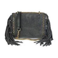 Torebki damskie - Piękna duża listonoszka A5 frędzle ,złoto ,dzety ,łańcuch skóra zamsz z dollaro szara VPZ88G - miniaturka - grafika 1