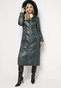 Kurtki damskie - Ciemnozielona Pikowana Kurtka Maxi z Ozdobnym Marszczeniem i Futerkiem Estenous - miniaturka - grafika 1