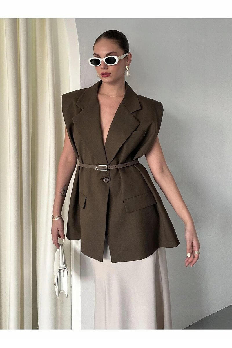 ELEGANCKA KAMIZELKA DAMSKA BRĄZOWA Z PASKIEM BEZ KAPTURA L 5GA*