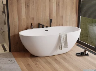 ScandiBath Mandal wanna wolnostojąca/przyścienna z korkiem i przelewem CZARNYM 150x77cm  Q360S-1501OEMBL - Wanny z hydromasażem - miniaturka - grafika 4