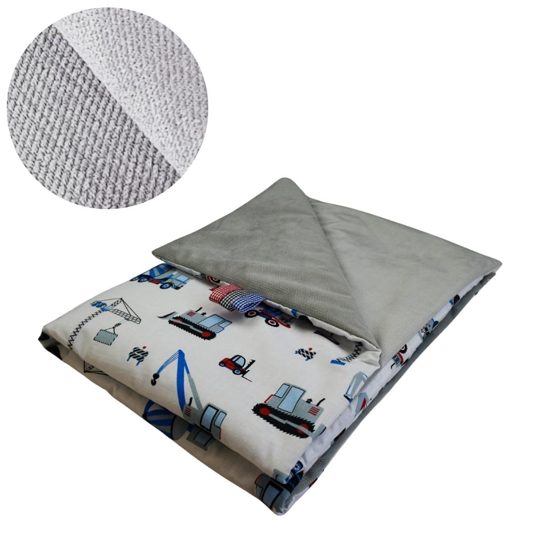 Kocyk Dziecięcy 75x100 Ocieplany Koparki Niebieskie Na Białym/Szary Bawełna/Velvet Polski Producent