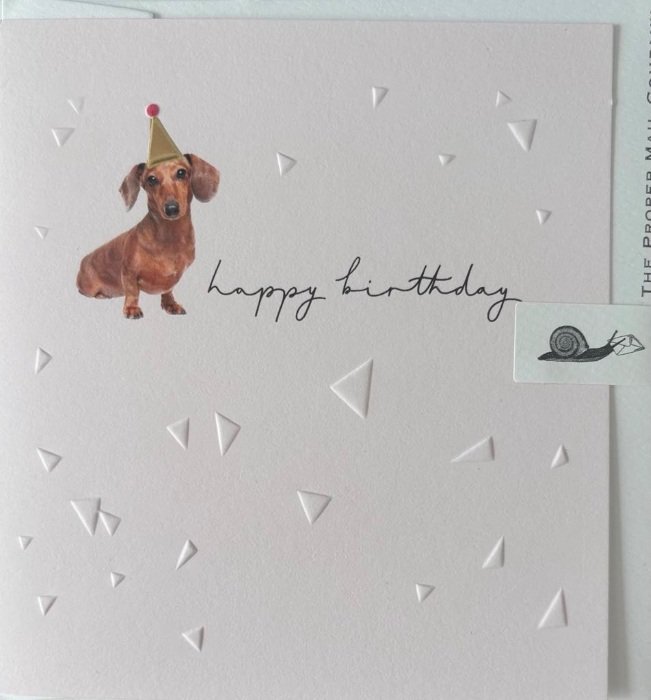 Kartka urodzinowa happy birthday Piesek jamnik w czapce urodzinowej