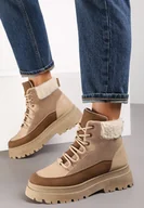 Botki damskie - Ciemnobeżowe Botki Sznurowane Trapery Janne - miniaturka - grafika 1