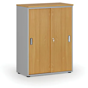 Szafa biurowa z drzwiami przesuwnymi PRIMO GRAY, 1087 x 800 x 420 mm, szary/buk - Szafy biurowe - miniaturka - grafika 1