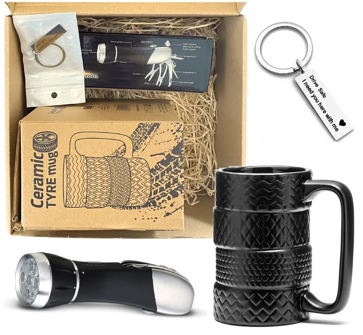 Zestaw dla Kierowcy - Kubek Opony + Wielofunkcyjny Niezbędnik 8w1 + Brelok DRIVE SAFE