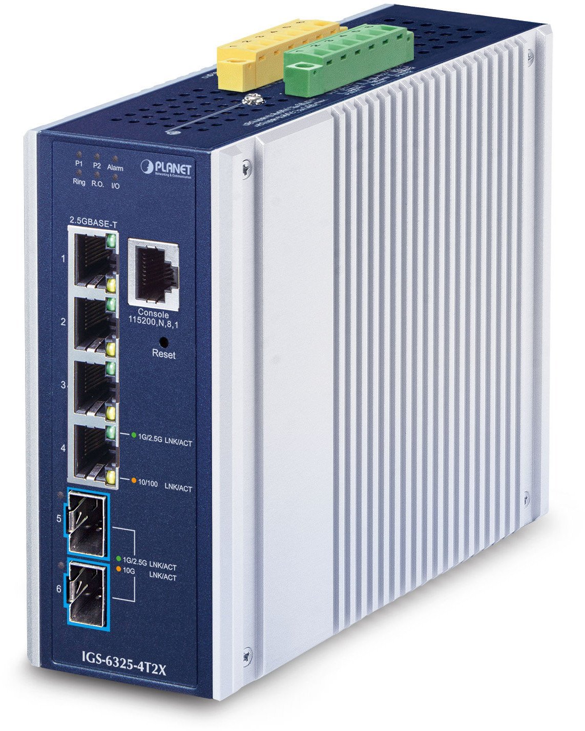 PLANET IP30 Industrial L3 4-Port Zarządzany 2.5G Ethernet 100/1000/2500 Aluminium, Niebieski