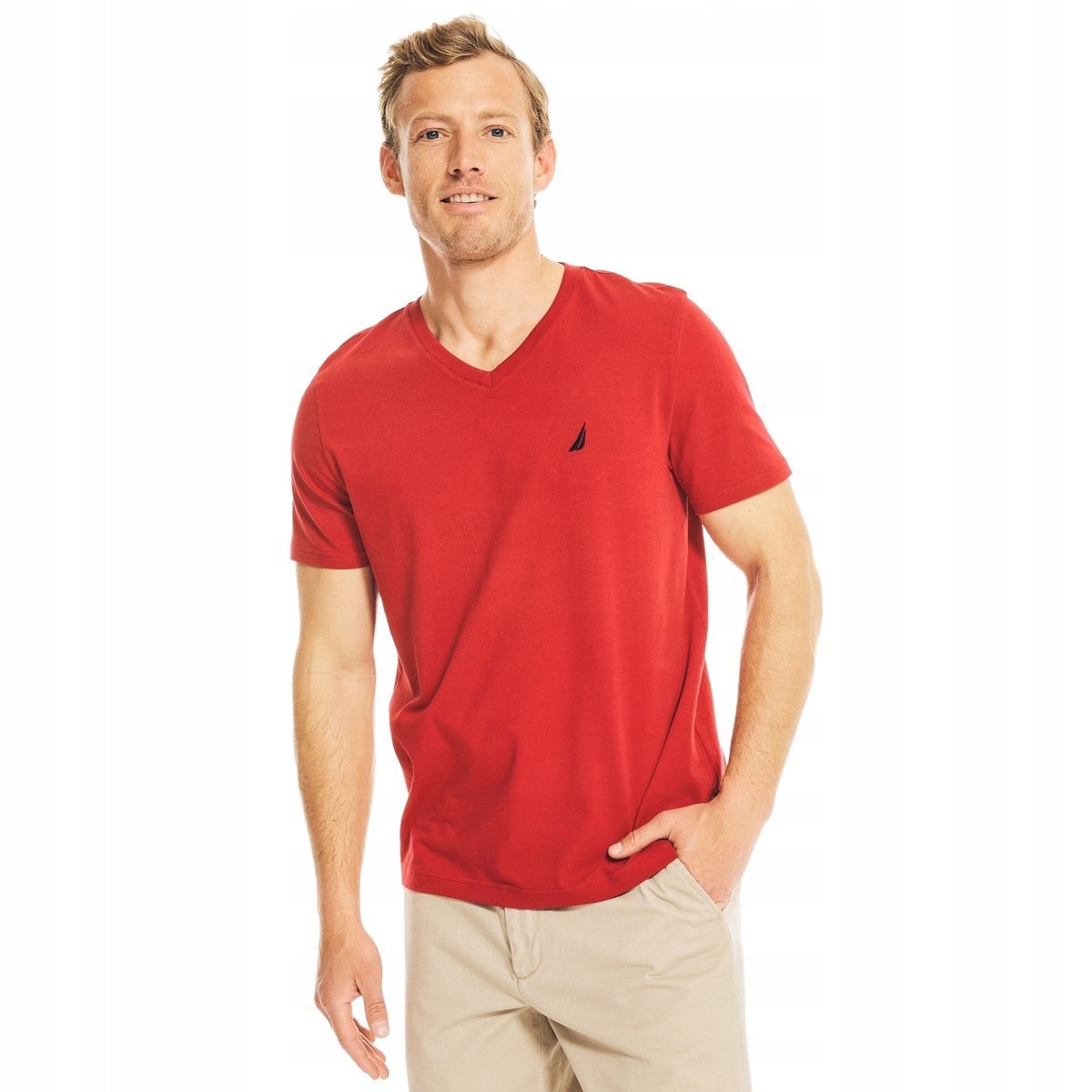 NAUTICA CZERWONY T SHIRT MĘSKI BAWEŁNIANY Z DEKOLTEM V XXL 6BA