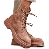 Botki damskie - S.Barski Damskie Zamszowe Botki Wiązane Camel Afra brązowe - miniaturka - grafika 1